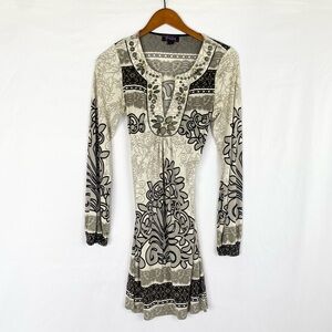 HALE BOB Silk Long Sleeve Mini Beaded Dress Tie Back Floral Print Party Size‎ S